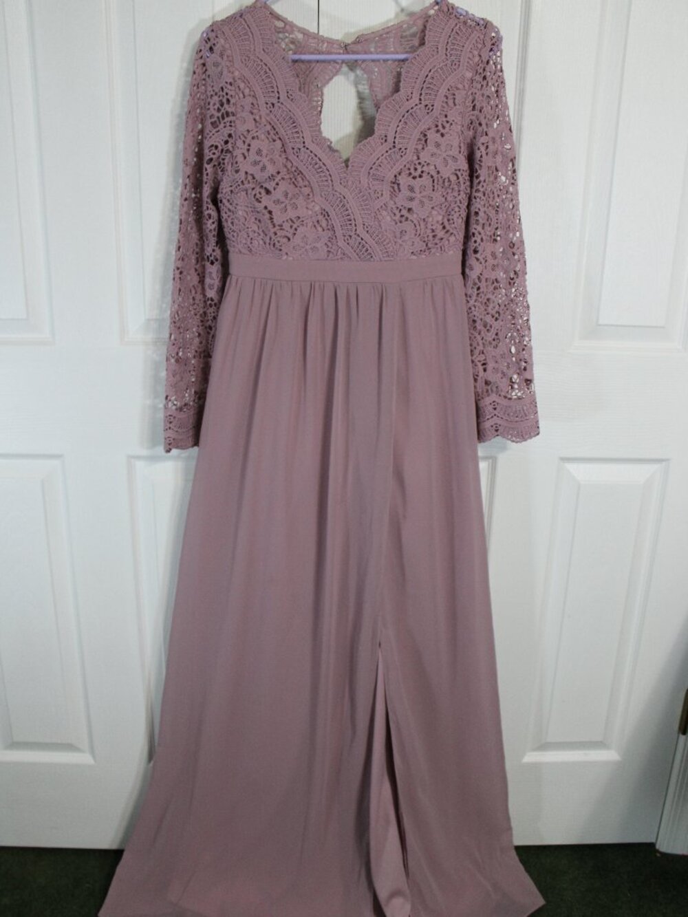 Maniju Long Sleeve Lace Detail Scalloped Neckline Keyhole Open Back Maxi Dress